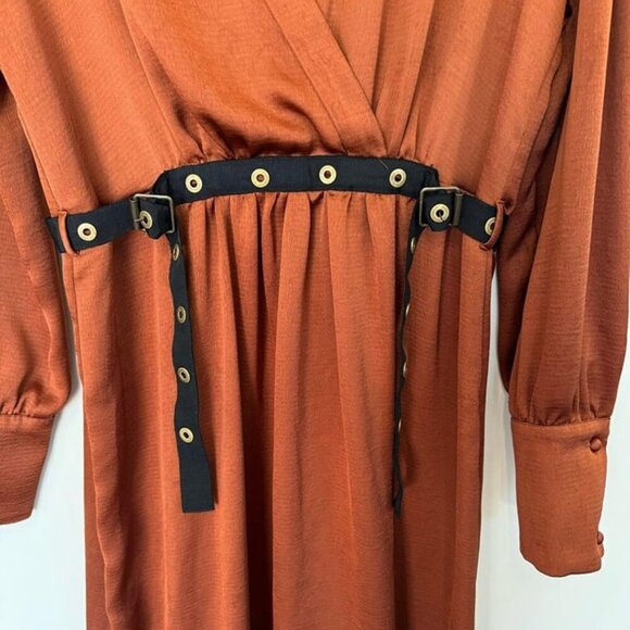 Brown Midi Dress Long Sleeve Wrap Style Belted Asymmetrical Hem BCBGMaxazria S - Picture 5 of 8